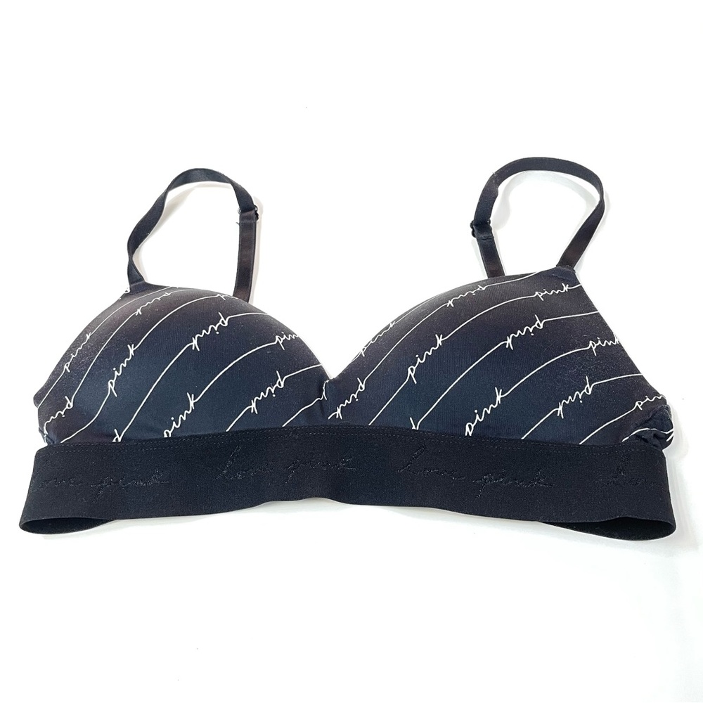 PINK Victorias Secret 32B Wireless Pushup Bra Black White Spell Out Padded - Picture 1 of 10